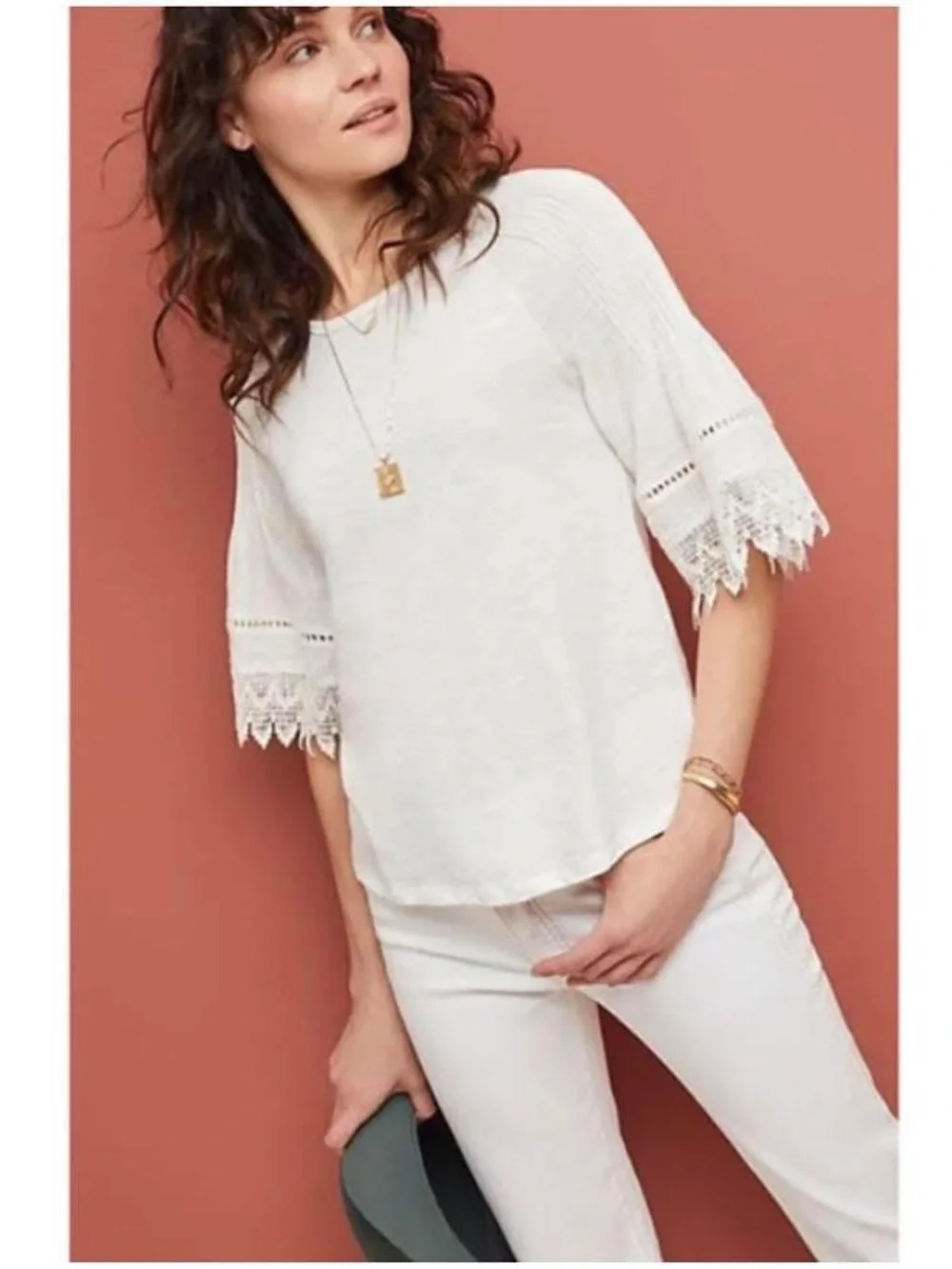 Anthropologie Eri + Ali Pennbrooke Lace Trim Top XS White Boho Bell Sleeve